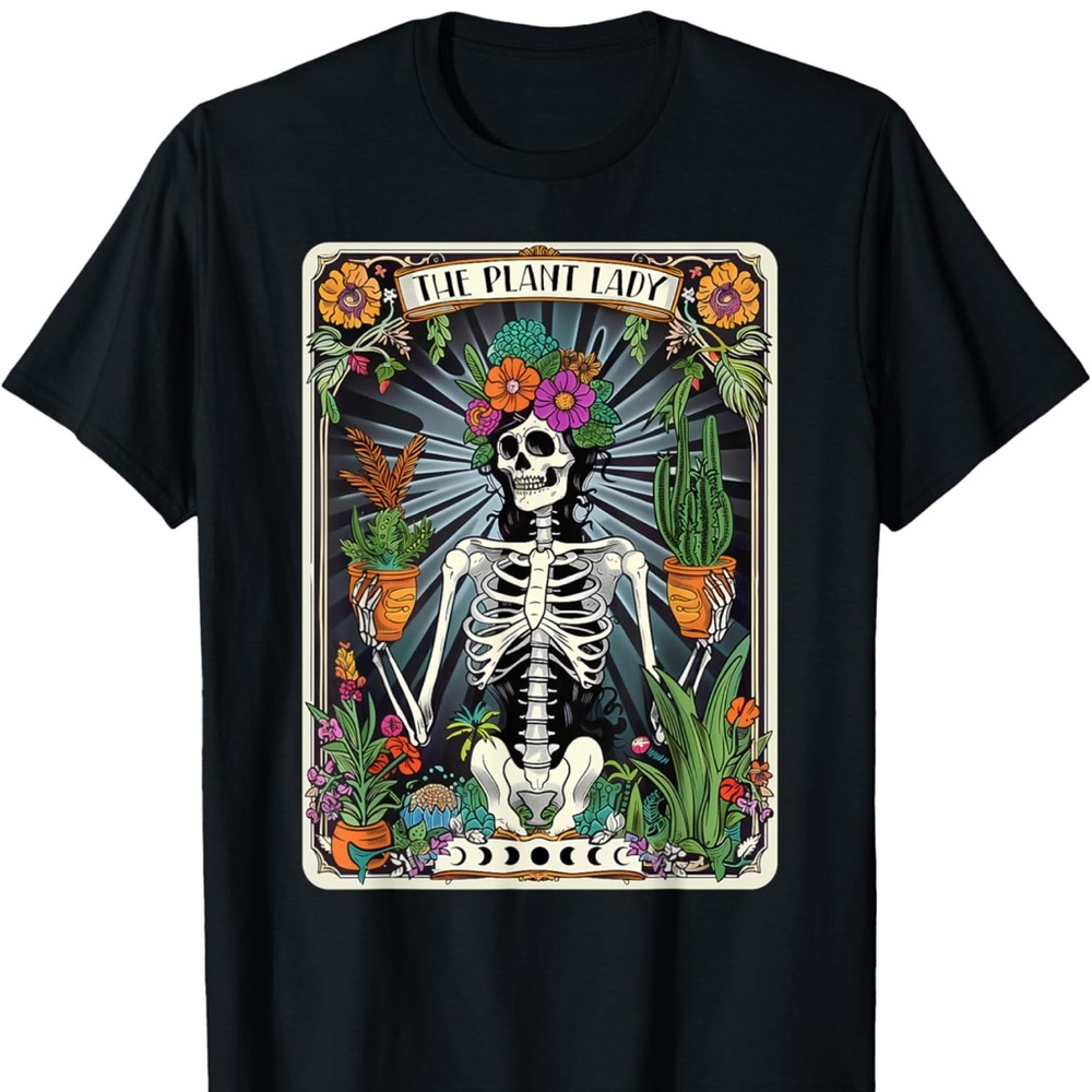 Black Graphic Tee with Skeleton and Plants
